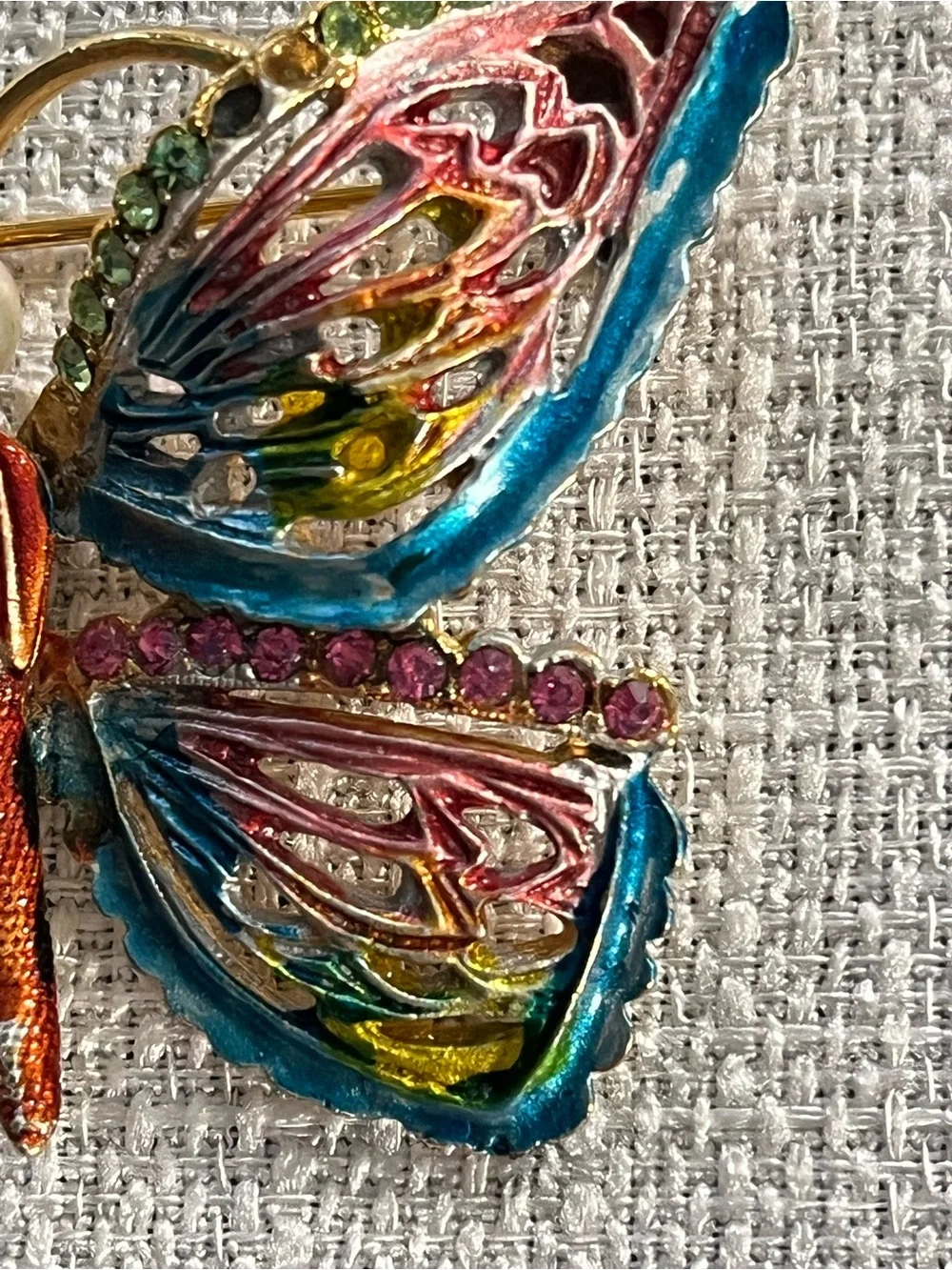 Colorful Enamel Butterfly Brooch with Pearl Accent Gold Toned Vintage